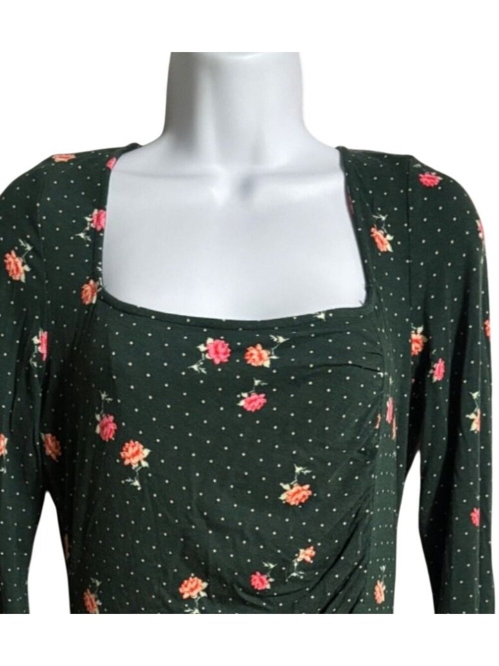 Free People Celia Mini Dress Size S Emerald Jewel Floral Polka Dot Print Ruched - Picture 8 of 12